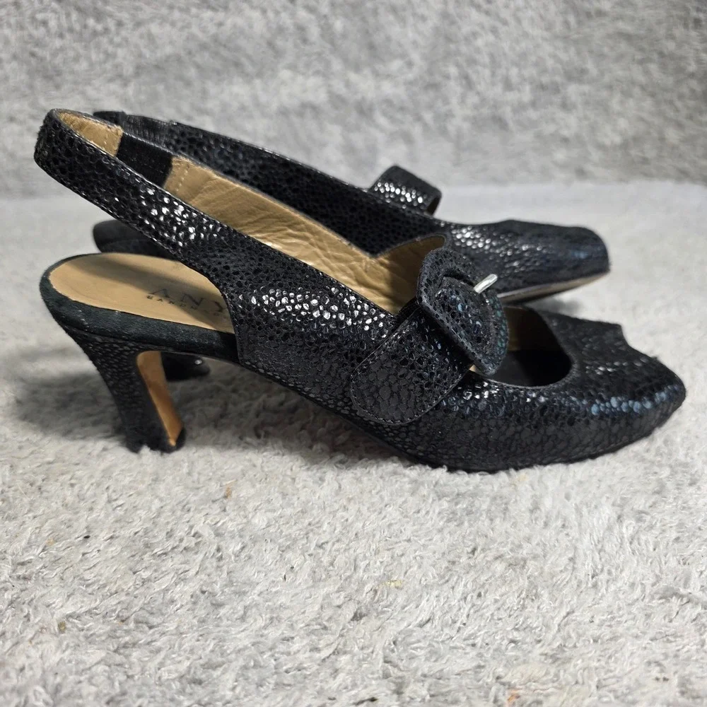 Anyi‎ Lu Tulip Slingback Peep Toe Heel Sandals Black Vero Cuoio  Italy EU 38